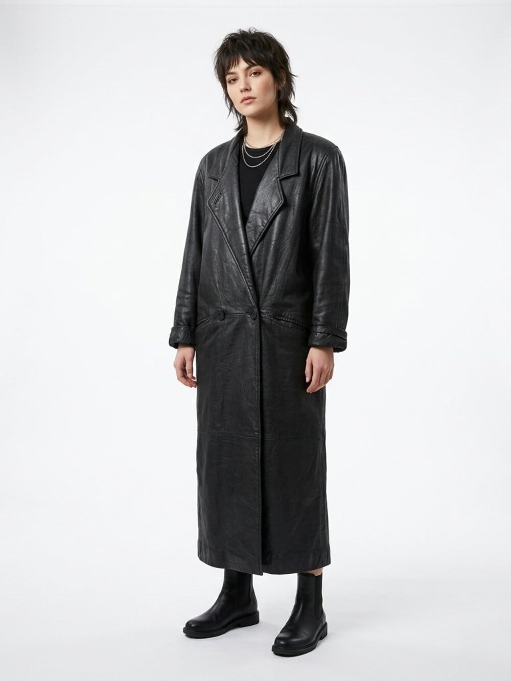 Vintage 80s CASSIDY Black Leather Double Breasted Long Trench Coat Small